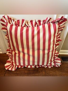 LARGE EURO RUFFLED COTTON PILLOW SHAM. RED & WHITE STRIPE. EASY BACK INSERT